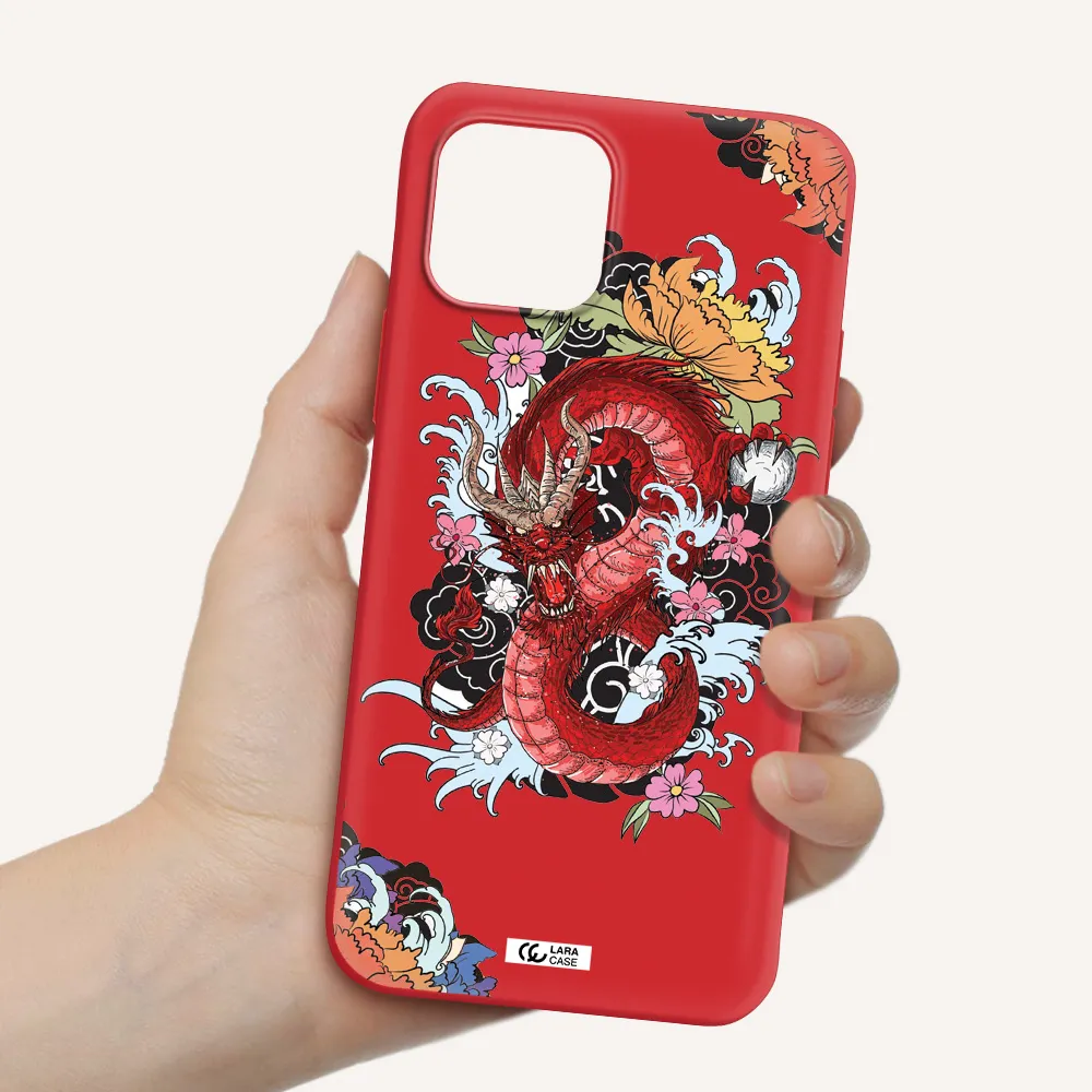 a red dragon with flowers and clouds Apple iPhone 12 mini Silicone Imperial Red Case