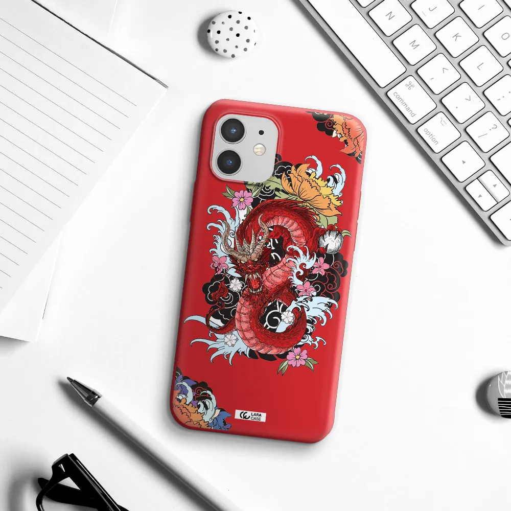 a red dragon with flowers and clouds Apple iPhone 12 mini Silicone Imperial Red Case
