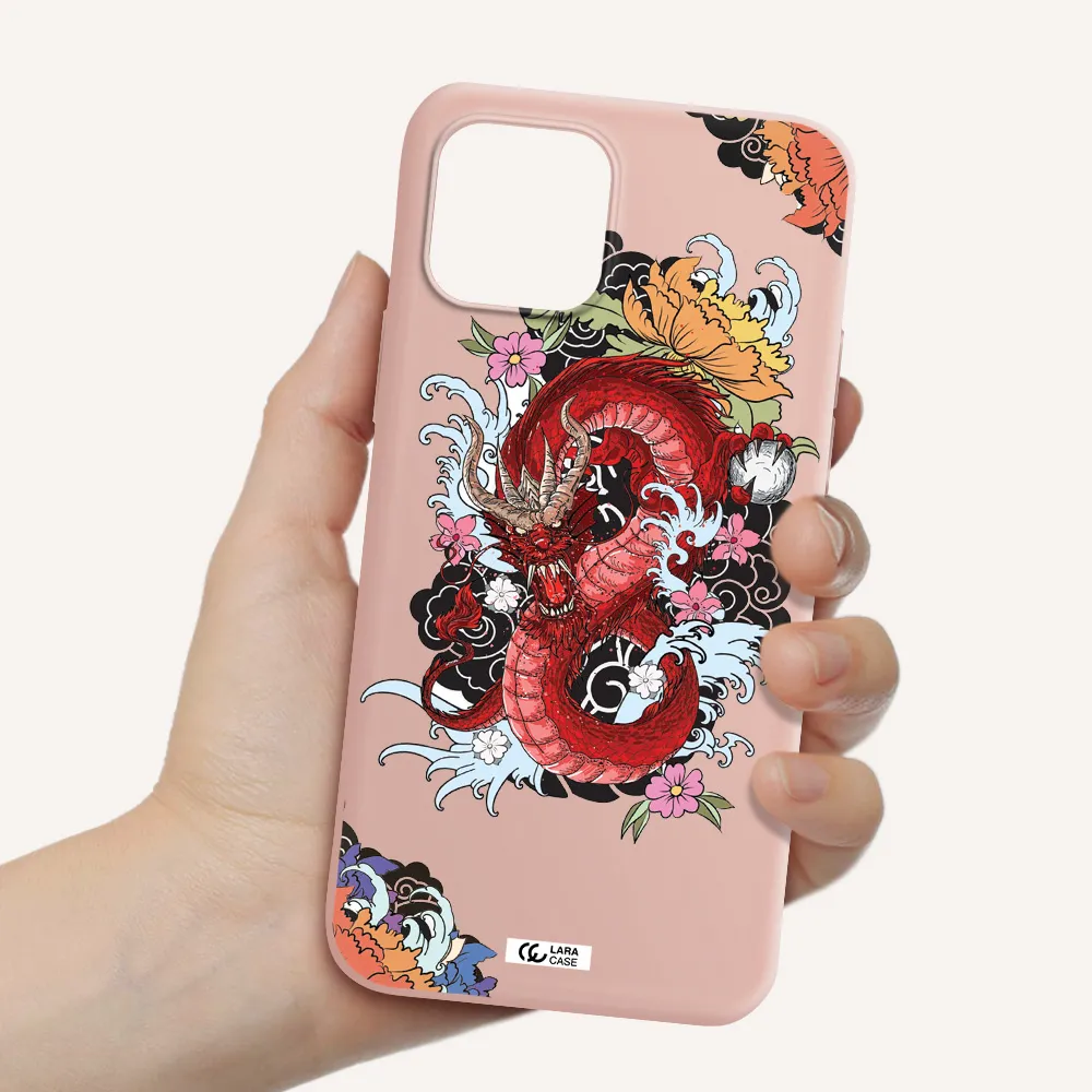 a red dragon with flowers and clouds Apple iPhone 12 mini Silicone pastel pink Case