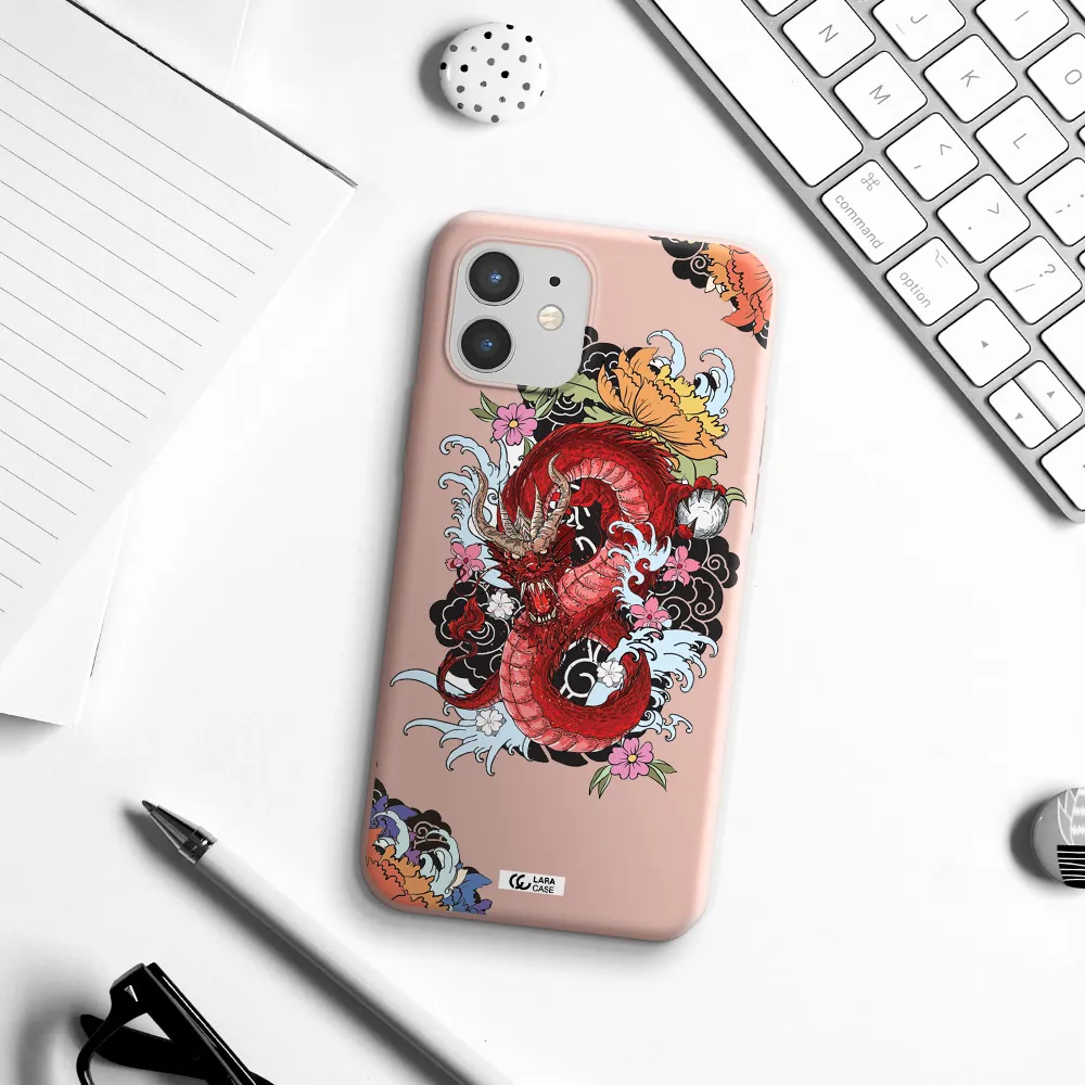 a red dragon with flowers and clouds Apple iPhone 12 mini Silicone pastel pink Case