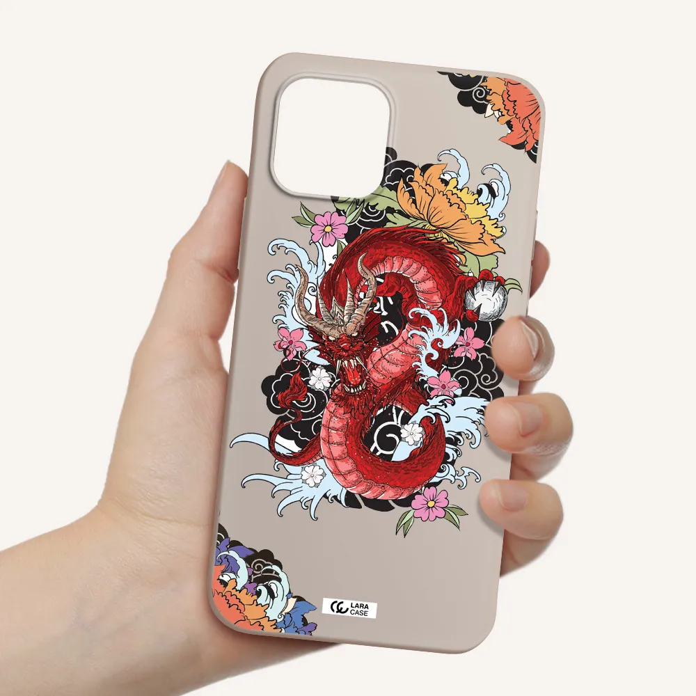 a red dragon with flowers and clouds Apple iPhone 12 mini Silicone Stone Case