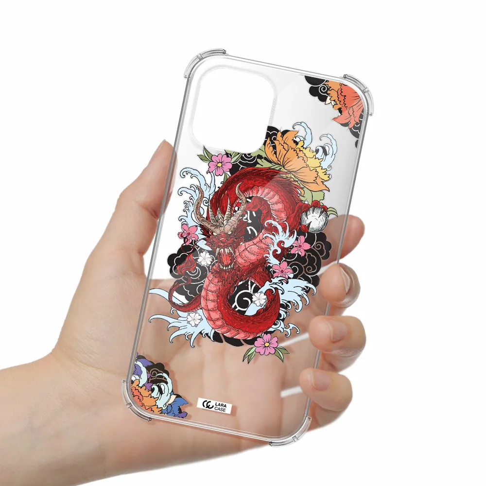 a red dragon with flowers and clouds Apple iPhone 12 pro Clear PC Case