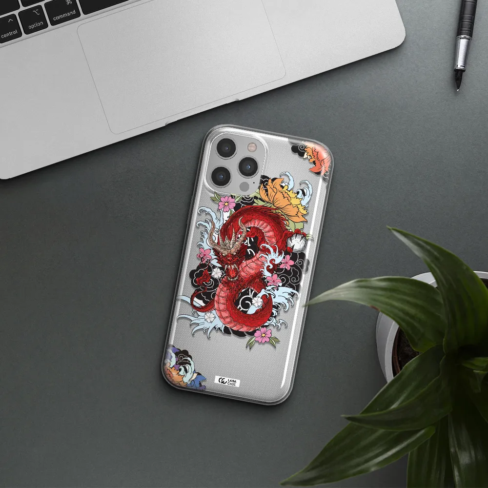 a red dragon with flowers and clouds Apple iPhone 12 pro Clear TPU Case