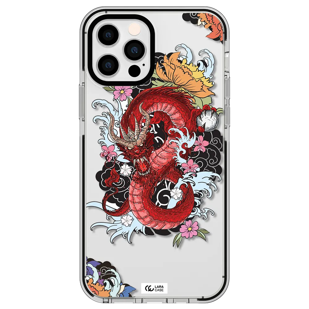 a red dragon with flowers and clouds Apple iPhone 12 pro impact black border Case