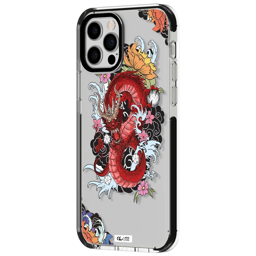 a red dragon with flowers and clouds Apple iPhone 12 pro impact black border Case