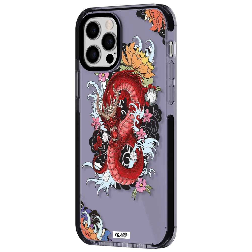 a red dragon with flowers and clouds Apple iPhone 12 pro impact Lilac Case