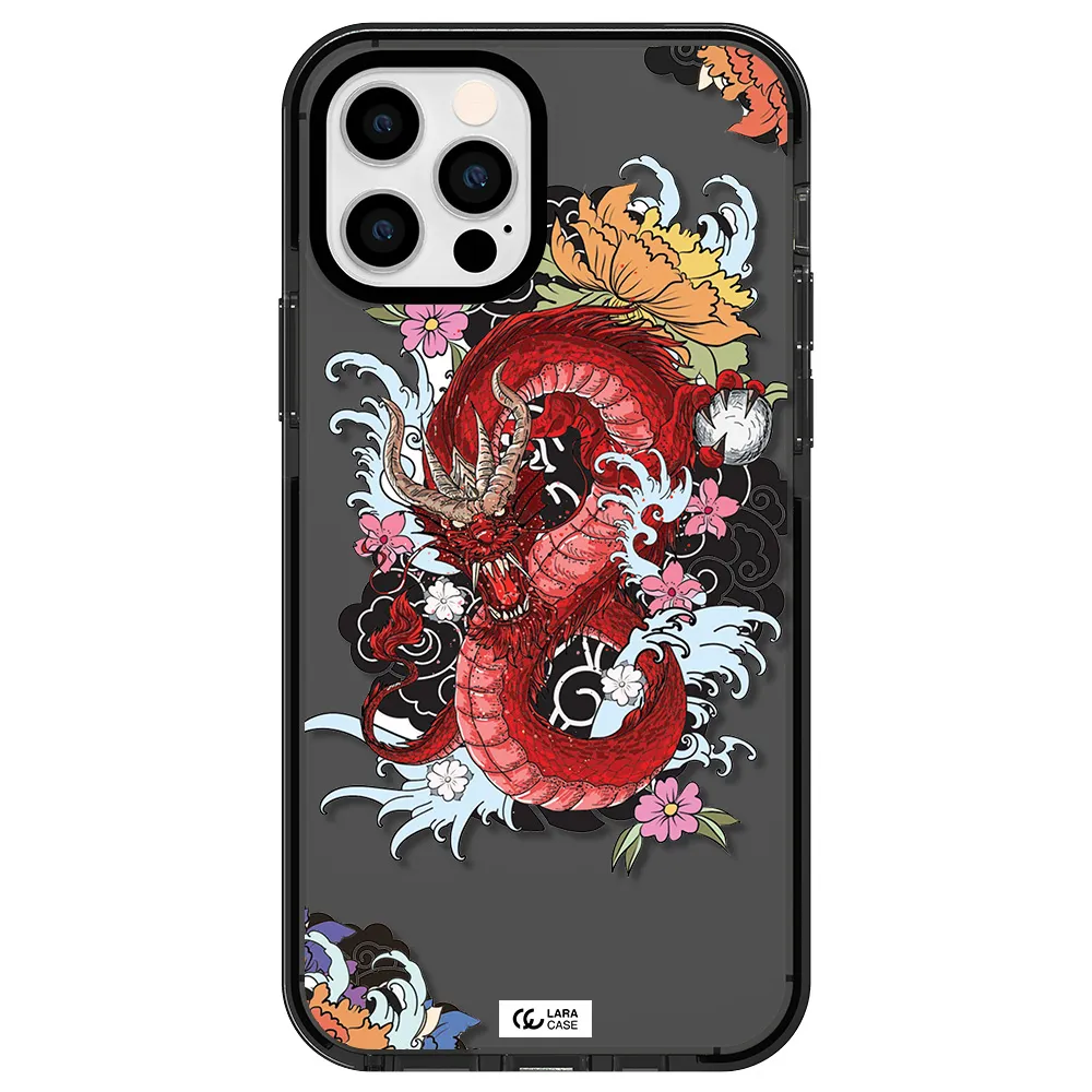 a red dragon with flowers and clouds Apple iPhone 12 pro impact Smoke Black Case