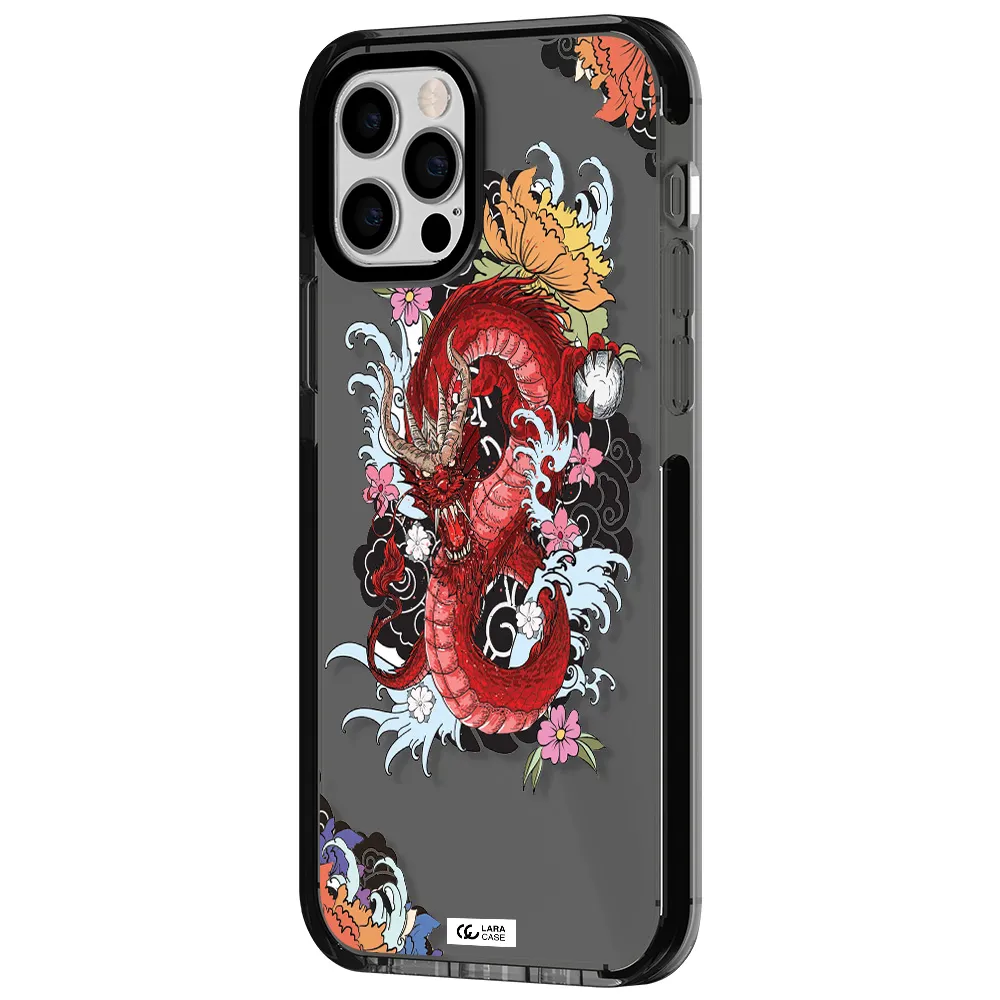 a red dragon with flowers and clouds Apple iPhone 12 pro impact Smoke Black Case