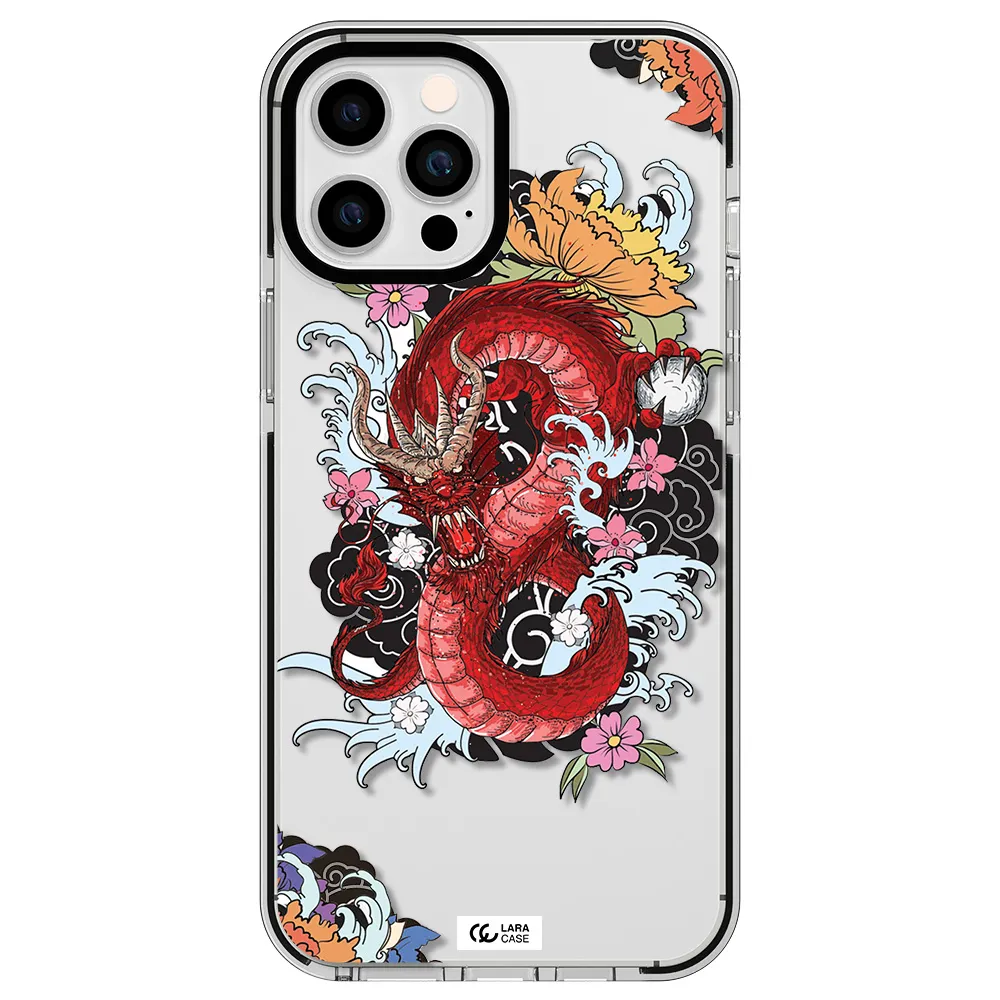 a red dragon with flowers and clouds Apple iPhone 12 pro max impact black border Case
