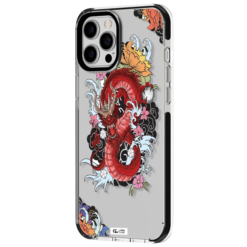 a red dragon with flowers and clouds Apple iPhone 12 pro max impact black border Case