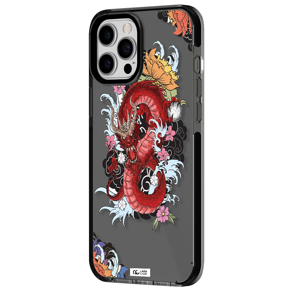 a red dragon with flowers and clouds Apple iPhone 12 pro max impact Smoke Black Case