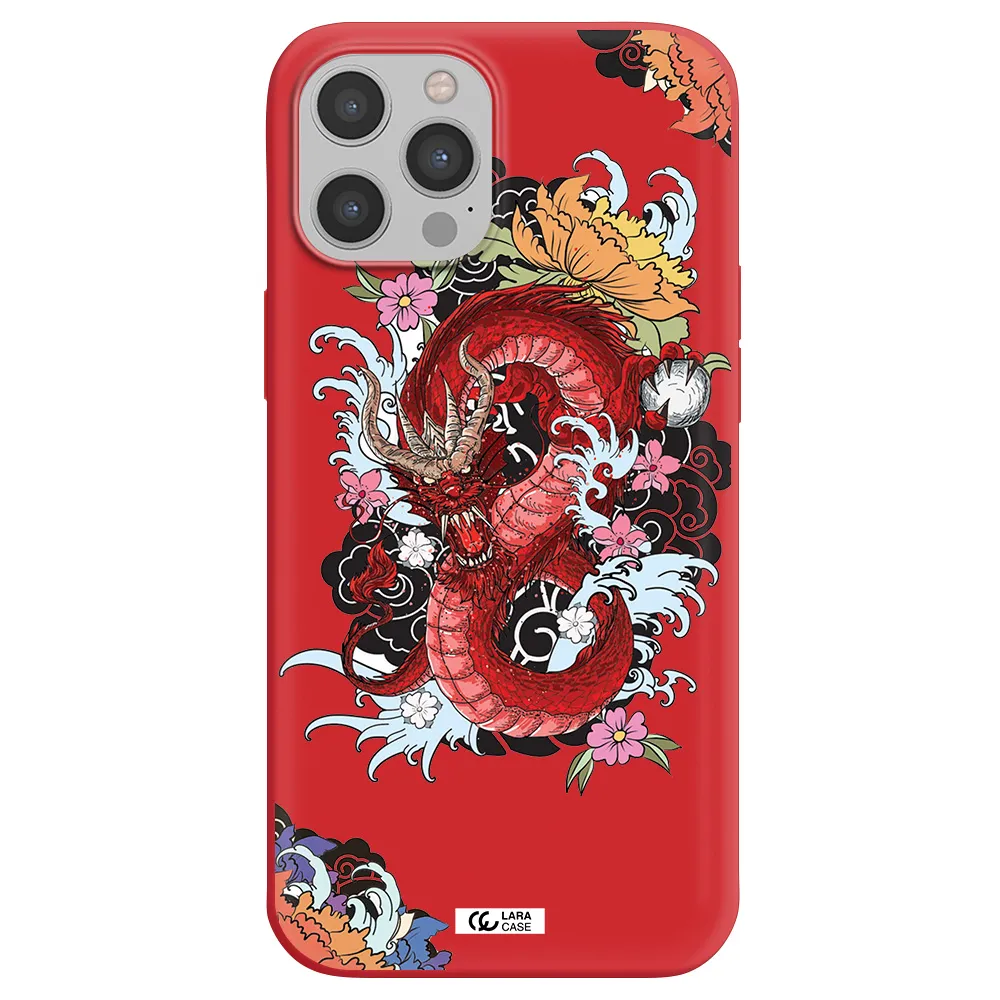 a red dragon with flowers and clouds Apple iPhone 12 pro max Silicone Imperial Red Case