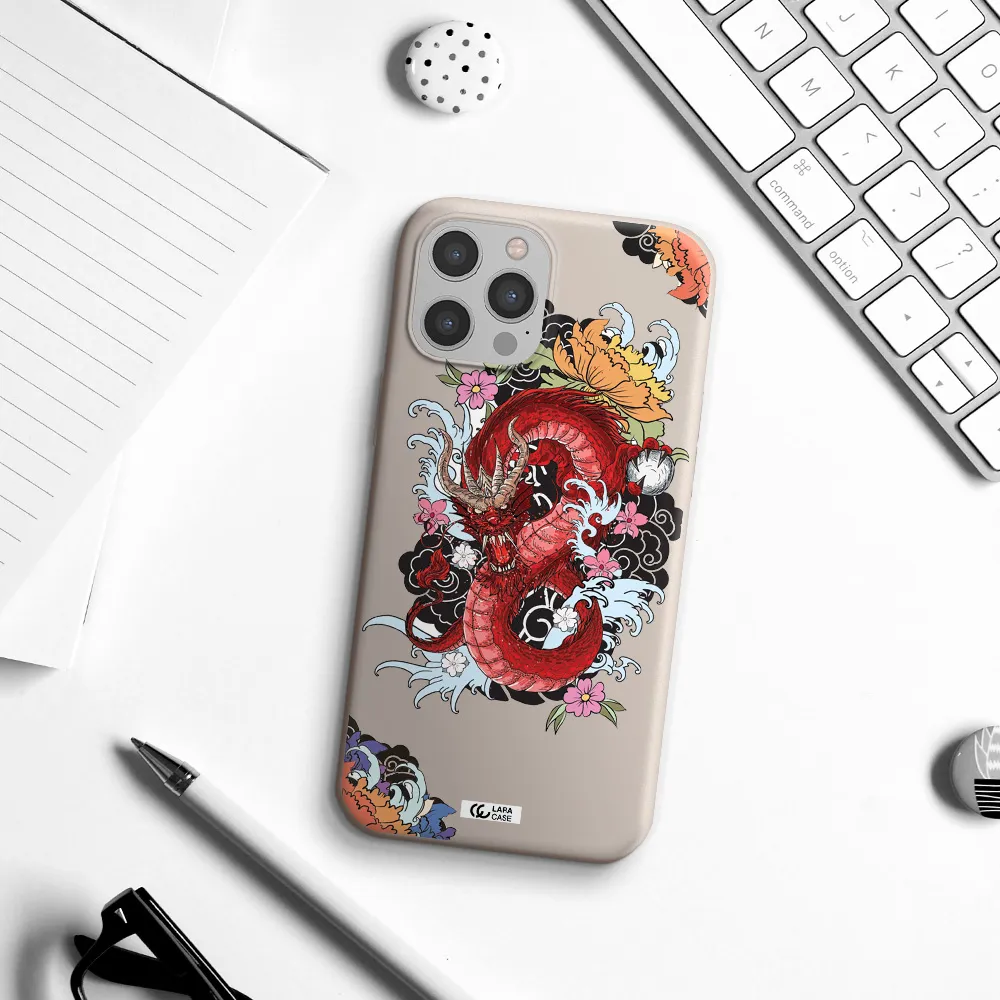 a red dragon with flowers and clouds Apple iPhone 12 pro max Silicone Stone Case