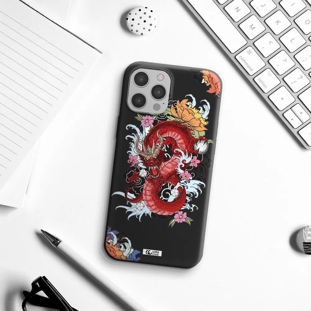 a red dragon with flowers and clouds Apple iPhone 12 pro Silicone black Case
