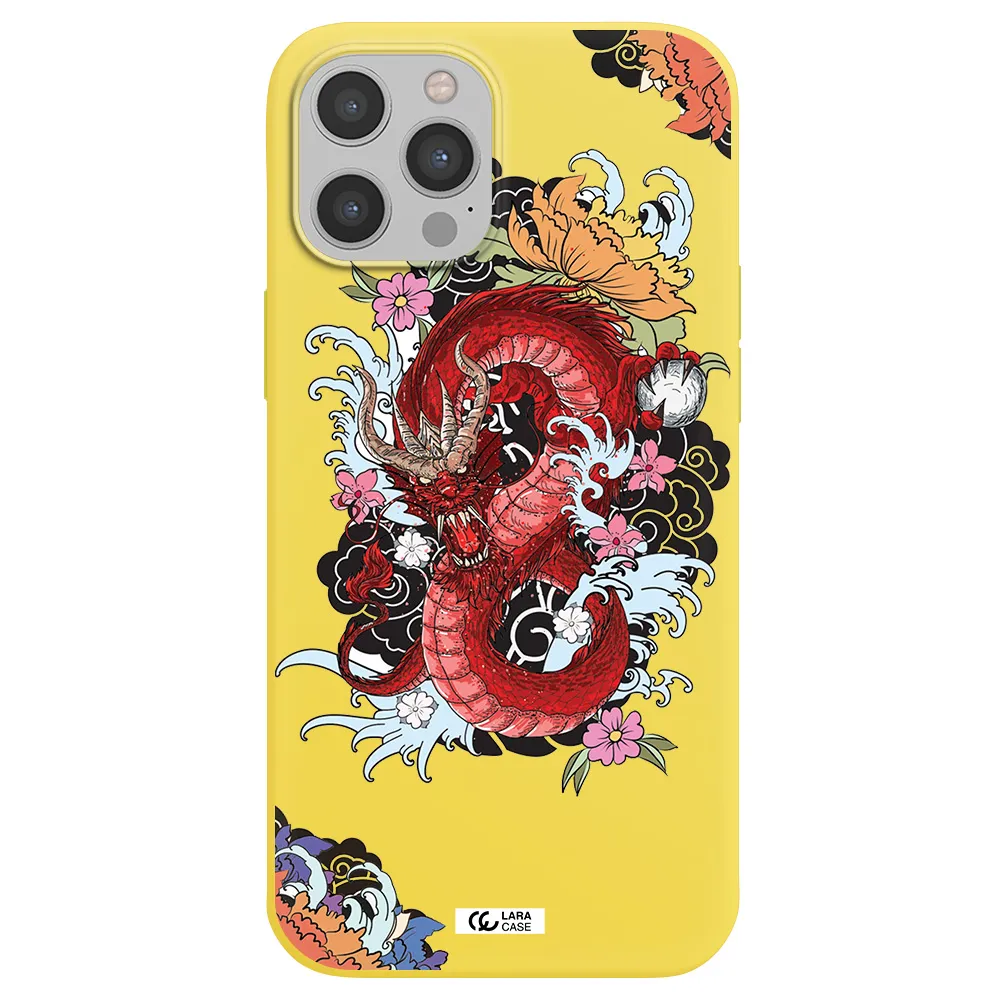 a red dragon with flowers and clouds Apple iPhone 12 pro Silicone canary yellow Case