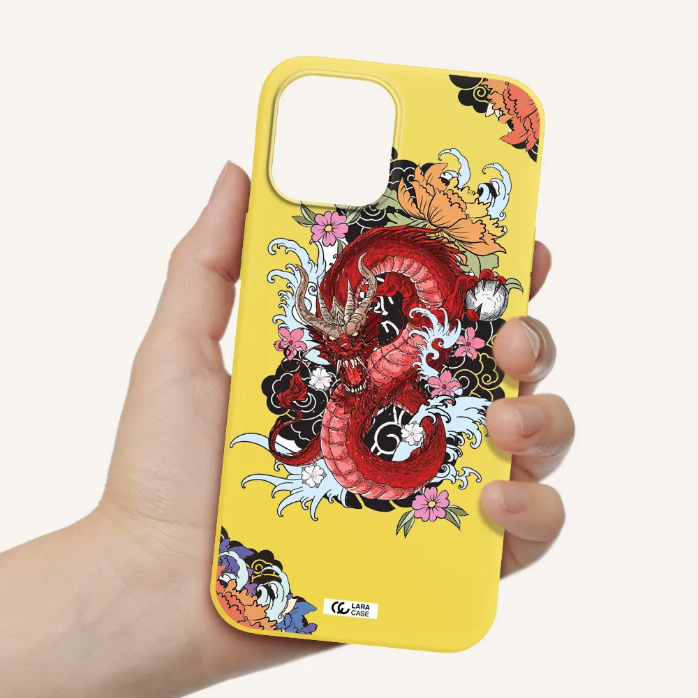 a red dragon with flowers and clouds Apple iPhone 12 pro Silicone canary yellow Case