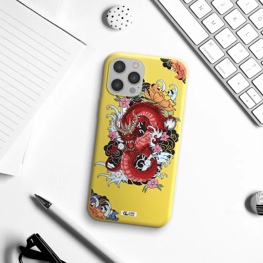 a red dragon with flowers and clouds Apple iPhone 12 pro Silicone canary yellow Case
