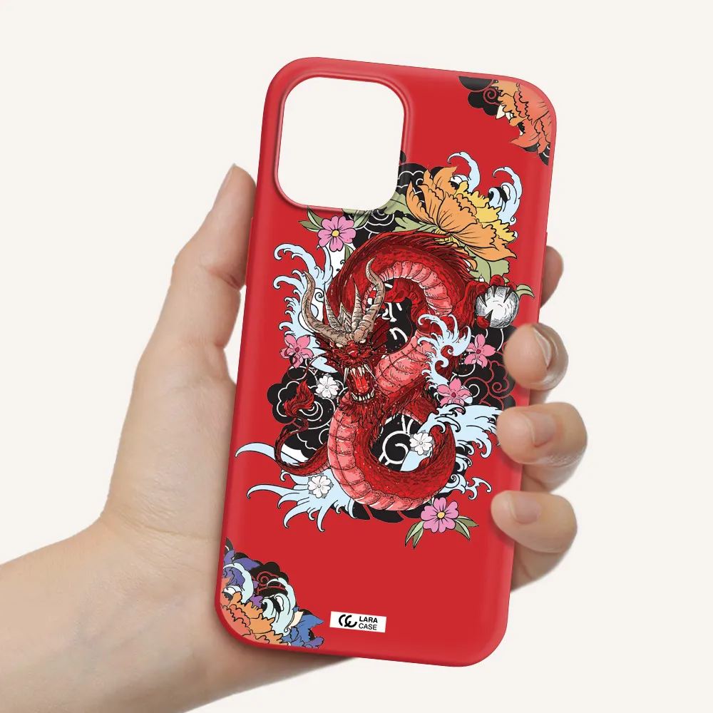 a red dragon with flowers and clouds Apple iPhone 12 pro Silicone Imperial Red Case