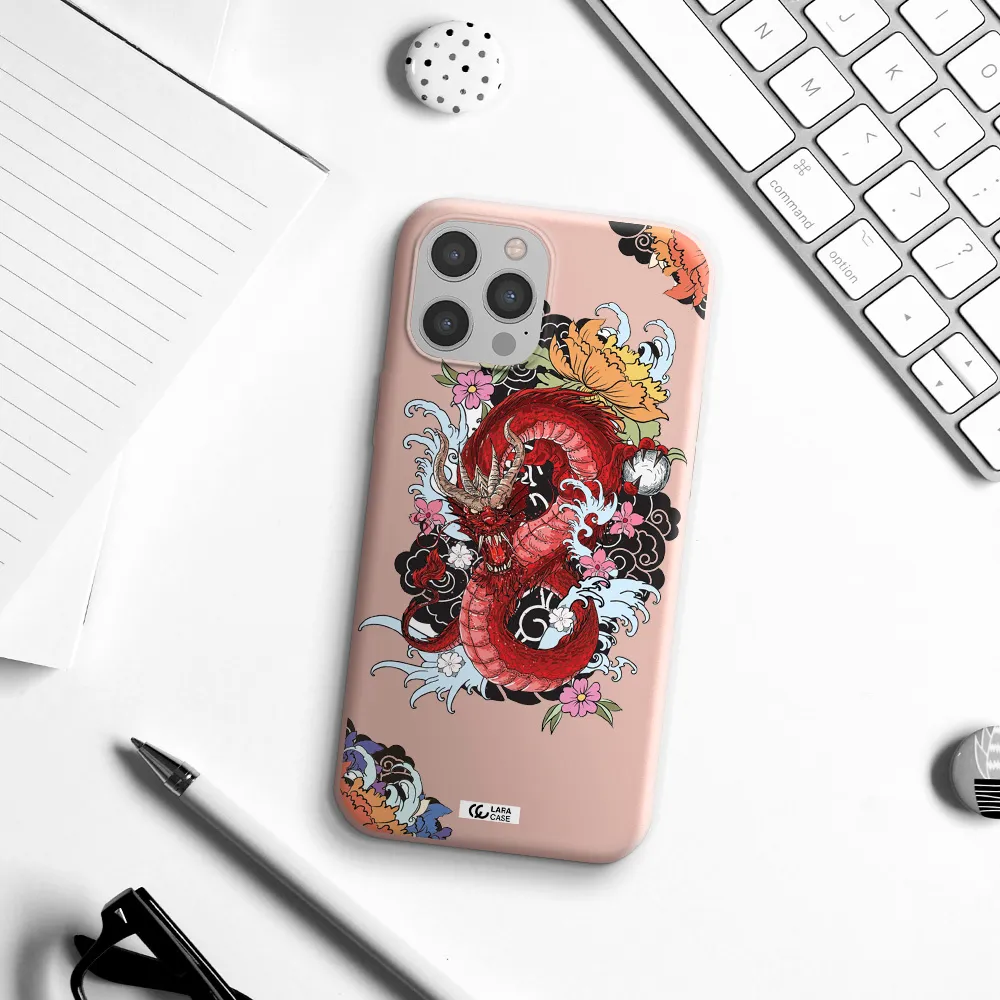 a red dragon with flowers and clouds Apple iPhone 12 pro Silicone pastel pink Case