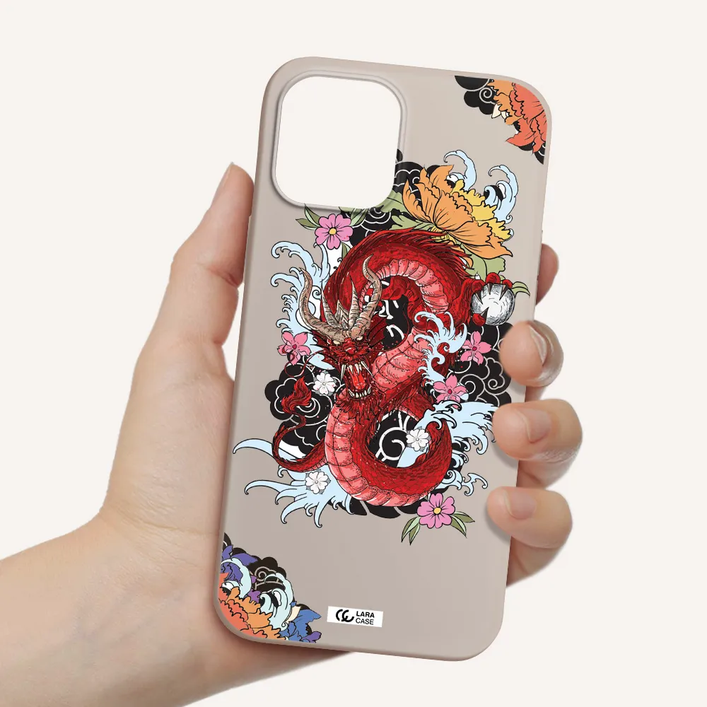 a red dragon with flowers and clouds Apple iPhone 12 pro Silicone Stone Case