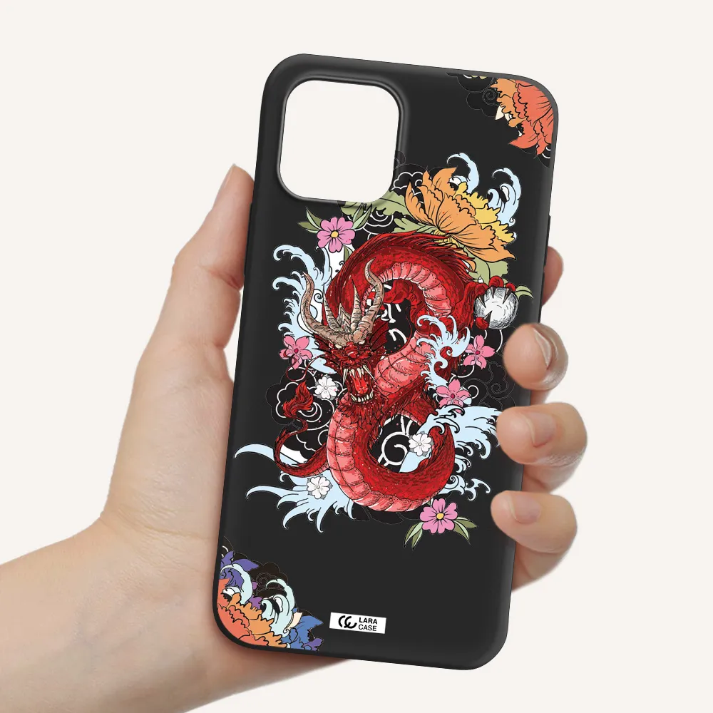 a red dragon with flowers and clouds Apple iPhone 12 Silicone black Case