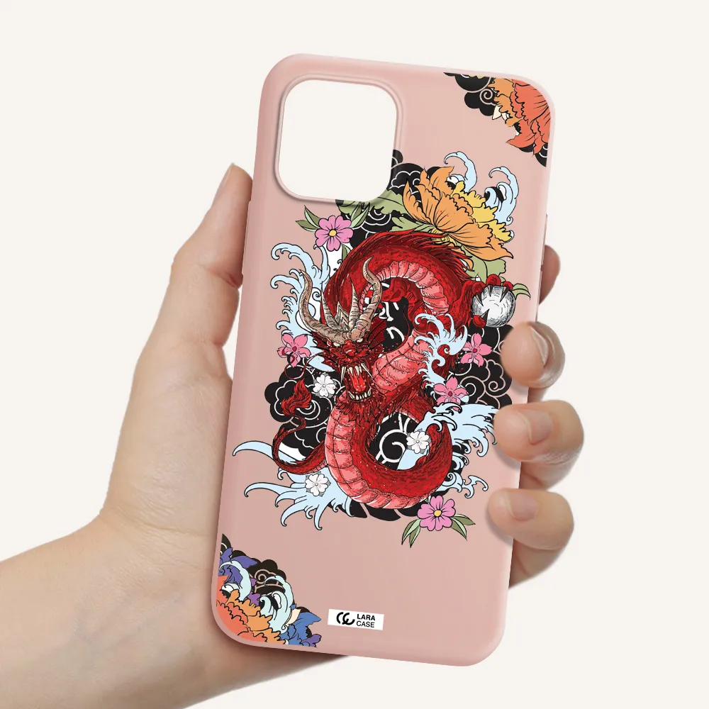 a red dragon with flowers and clouds Apple iPhone 12 Silicone pastel pink Case