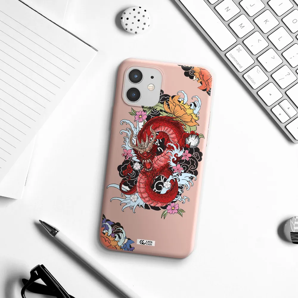 a red dragon with flowers and clouds Apple iPhone 12 Silicone pastel pink Case