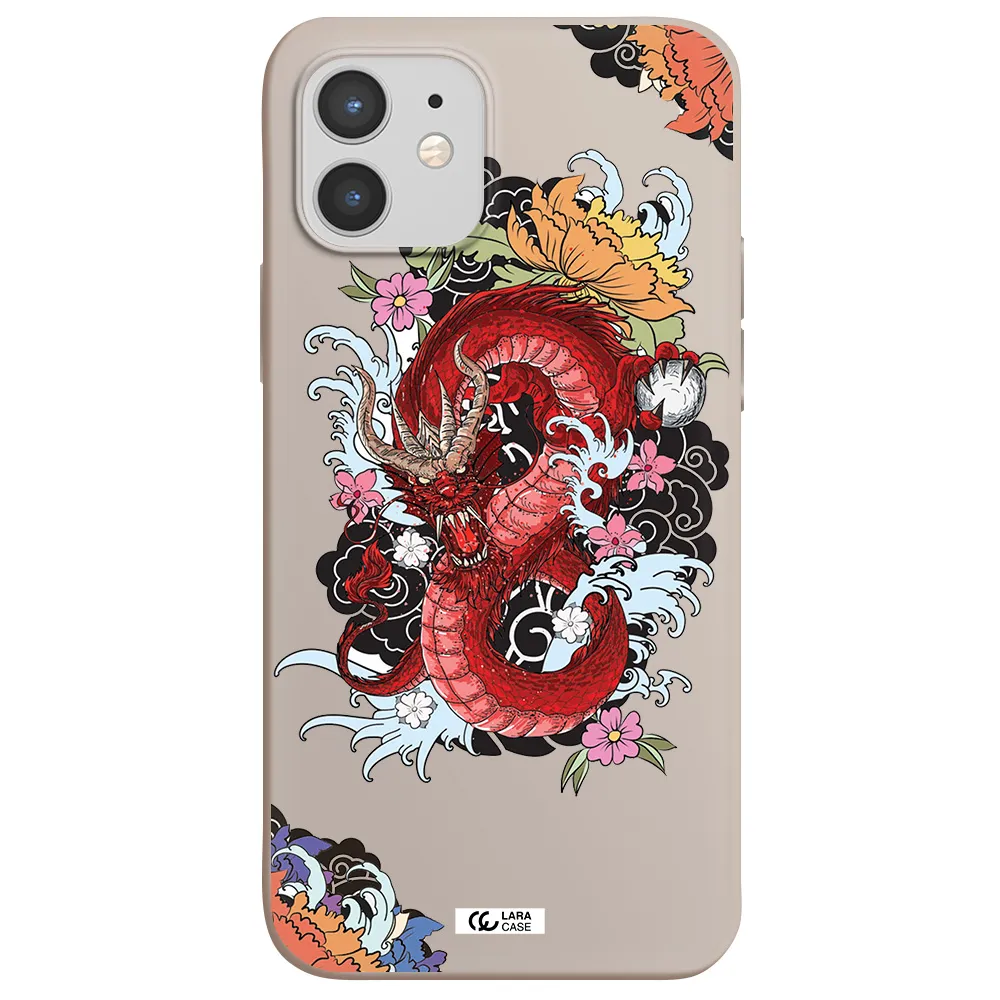 a red dragon with flowers and clouds Apple iPhone 12 Silicone Stone Case
