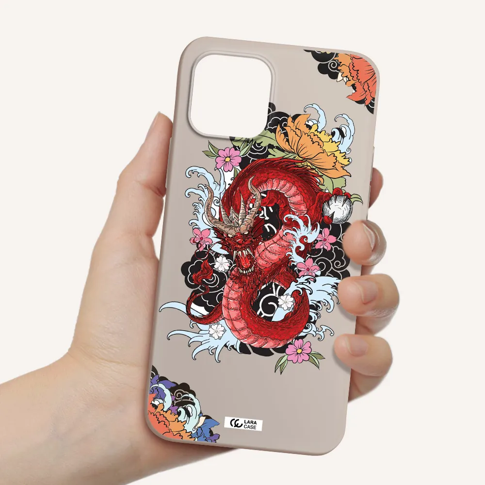 a red dragon with flowers and clouds Apple iPhone 12 Silicone Stone Case