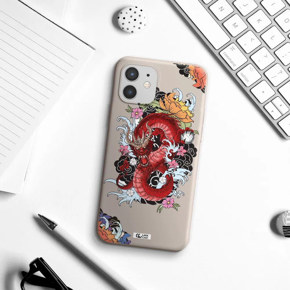 a red dragon with flowers and clouds Apple iPhone 12 Silicone Stone Case