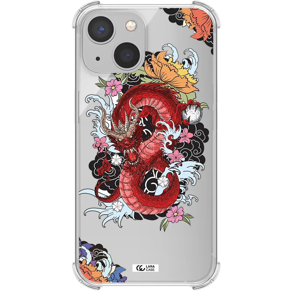 a red dragon with flowers and clouds Apple iPhone 13 Clear PC Case