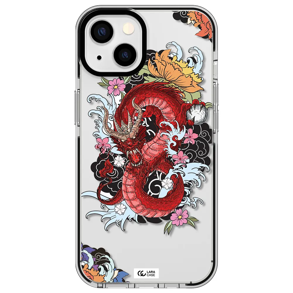 a red dragon with flowers and clouds Apple iPhone 13 impact black border Case