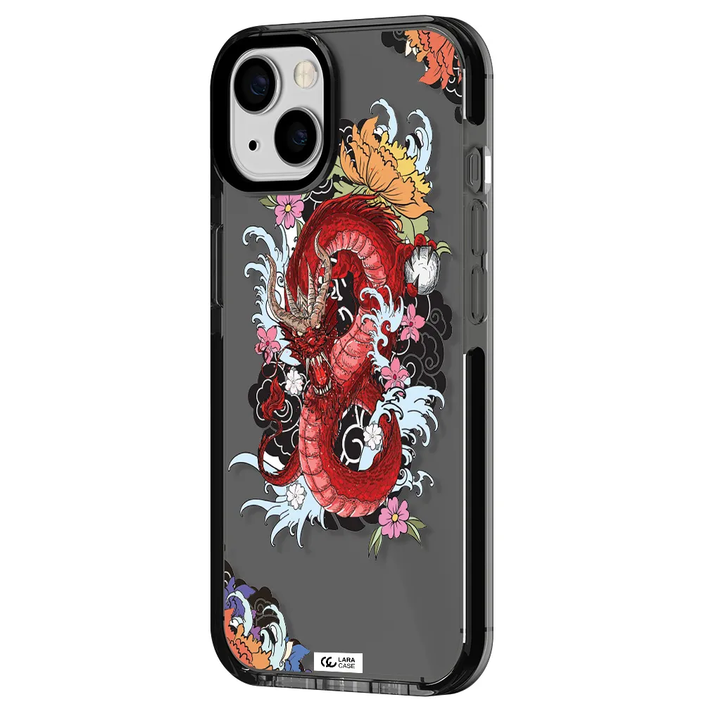 a red dragon with flowers and clouds Apple iPhone 13 impact Smoke Black Case