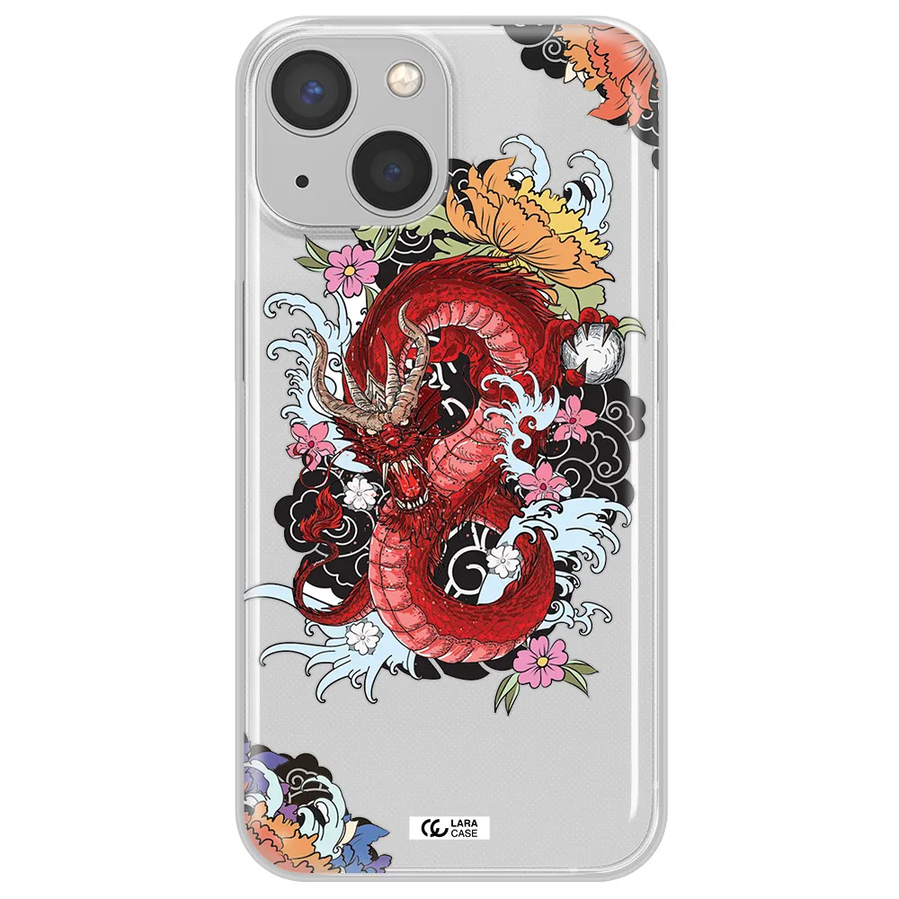 a red dragon with flowers and clouds Apple iPhone 13 mini Clear TPU Case