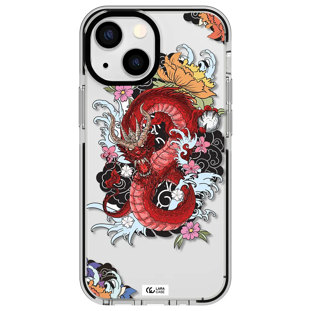 a red dragon with flowers and clouds Apple iPhone 13 mini impact black border Case