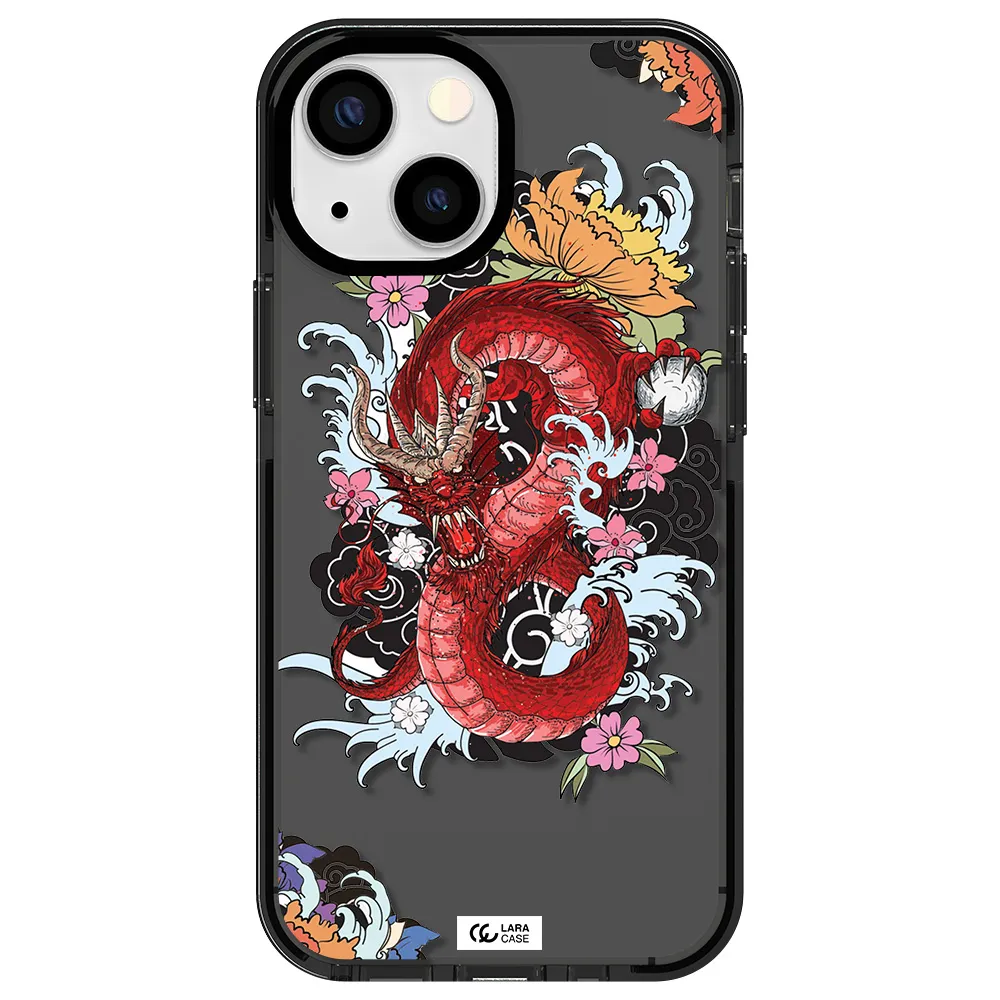 a red dragon with flowers and clouds Apple iPhone 13 mini impact Smoke Black Case