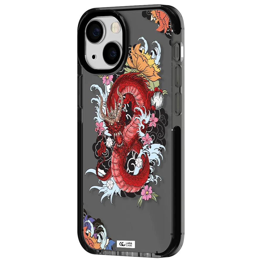a red dragon with flowers and clouds Apple iPhone 13 mini impact Smoke Black Case