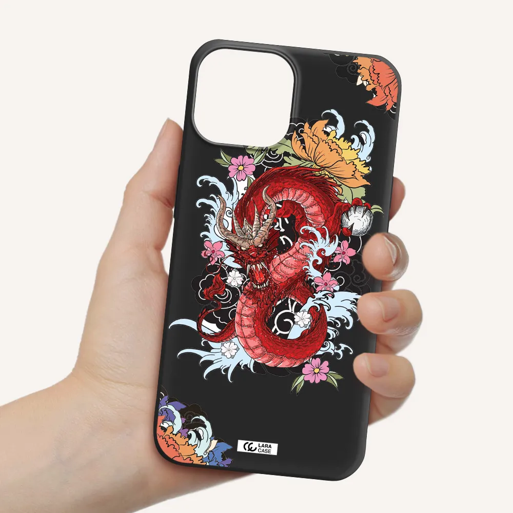 a red dragon with flowers and clouds Apple iPhone 13 mini Silicone black Case