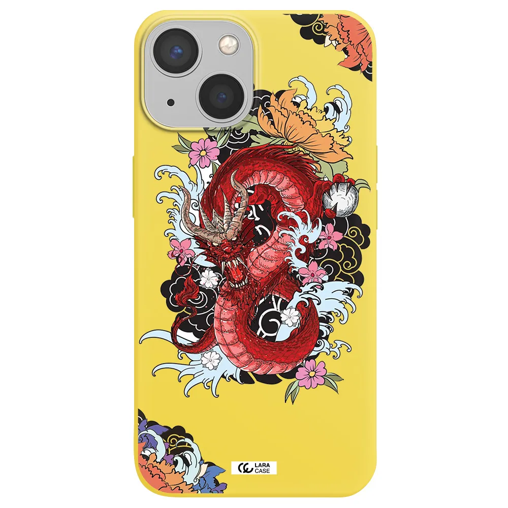 a red dragon with flowers and clouds Apple iPhone 13 mini Silicone canary yellow Case