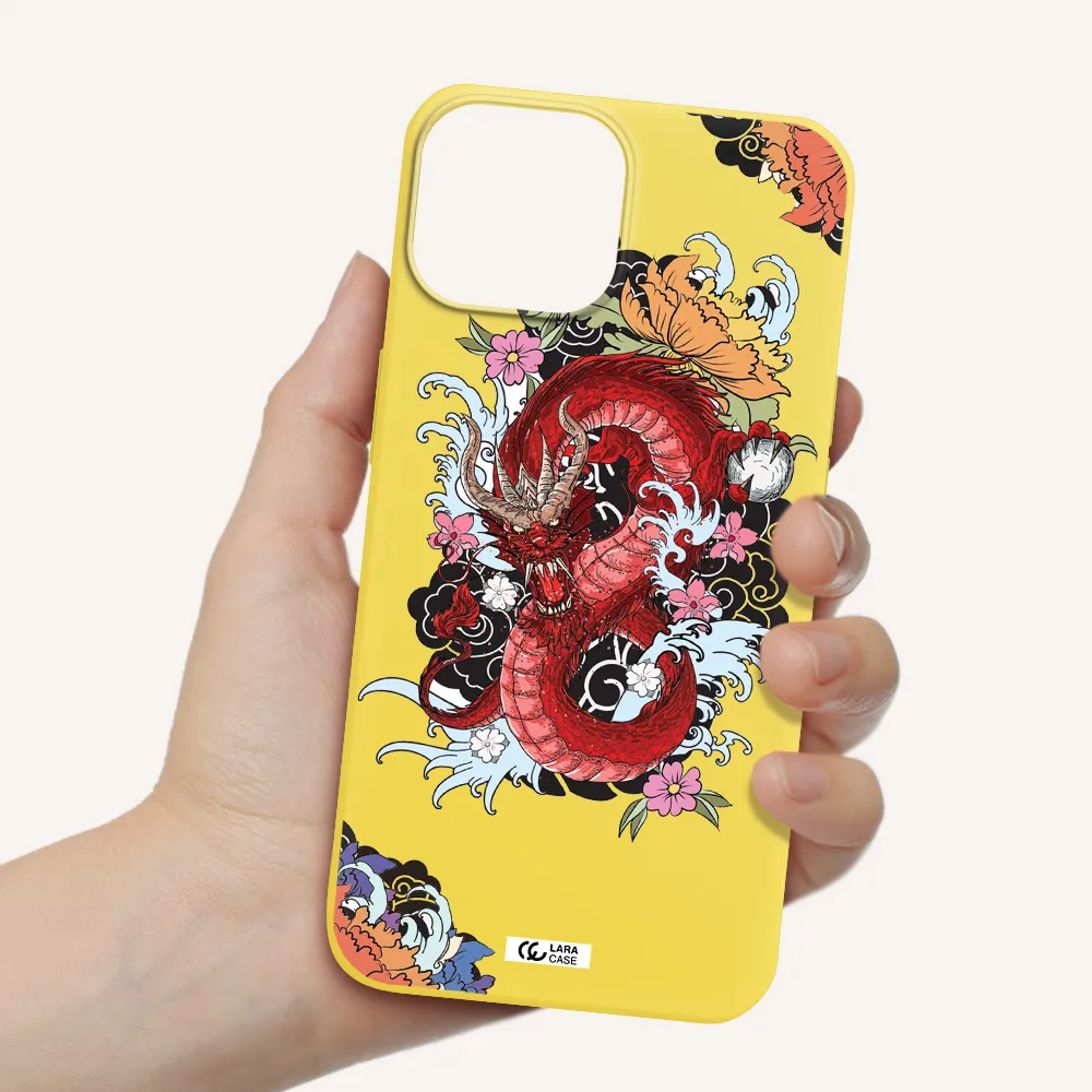 a red dragon with flowers and clouds Apple iPhone 13 mini Silicone canary yellow Case