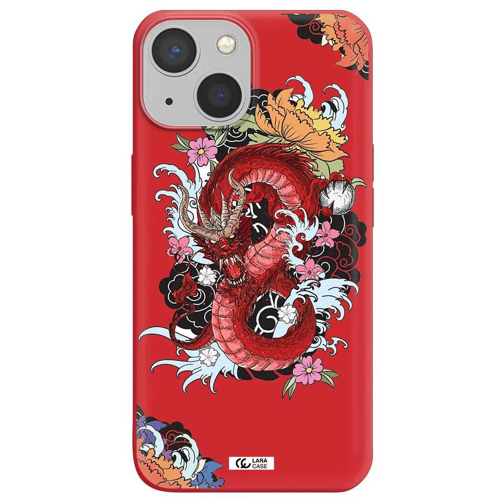a red dragon with flowers and clouds Apple iPhone 13 mini Silicone Imperial Red Case