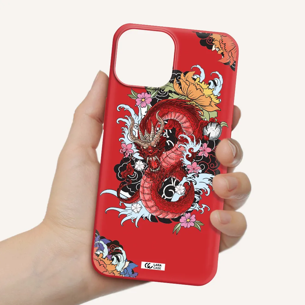 a red dragon with flowers and clouds Apple iPhone 13 mini Silicone Imperial Red Case
