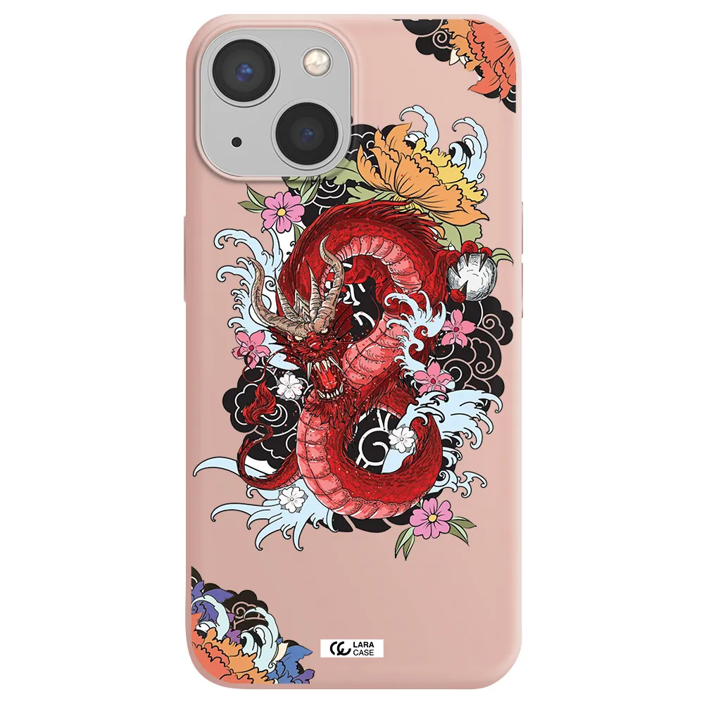 a red dragon with flowers and clouds Apple iPhone 13 mini Silicone pastel pink Case
