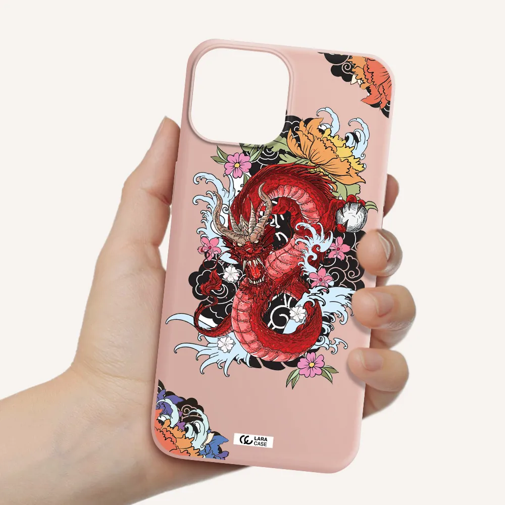 a red dragon with flowers and clouds Apple iPhone 13 mini Silicone pastel pink Case