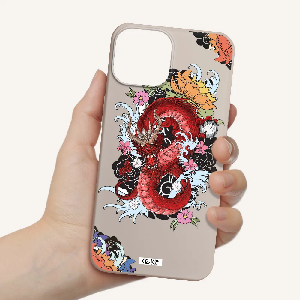 a red dragon with flowers and clouds Apple iPhone 13 mini Silicone Stone Case