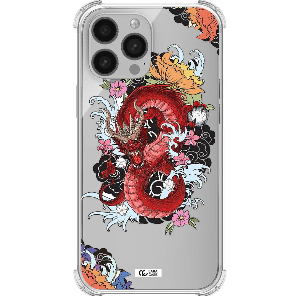 a red dragon with flowers and clouds Apple iPhone 13 Pro Clear PC Case