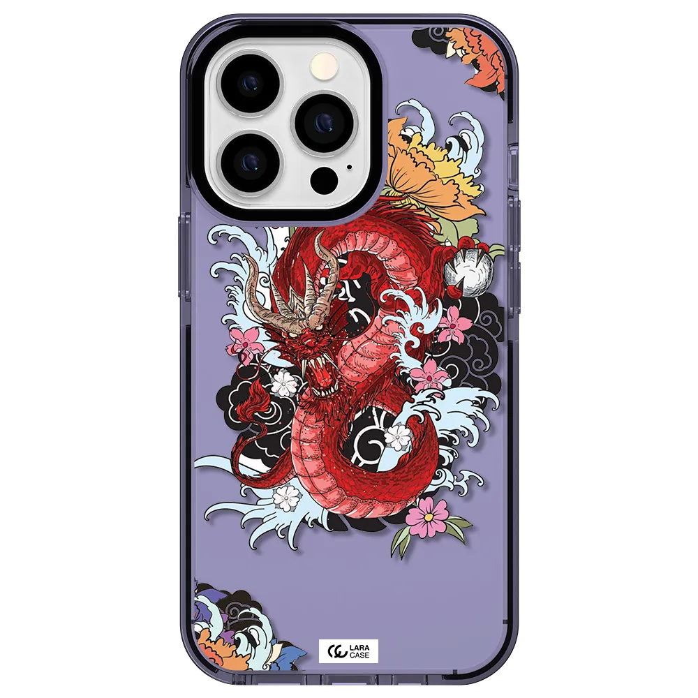 a red dragon with flowers and clouds Apple iPhone 13 Pro impact Lilac Case