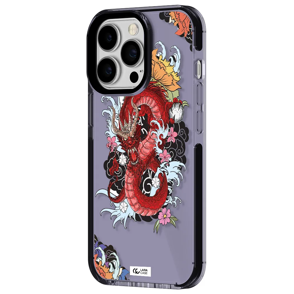 a red dragon with flowers and clouds Apple iPhone 13 Pro impact Lilac Case