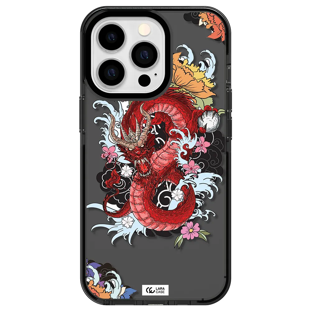 a red dragon with flowers and clouds Apple iPhone 13 Pro impact Smoke Black Case