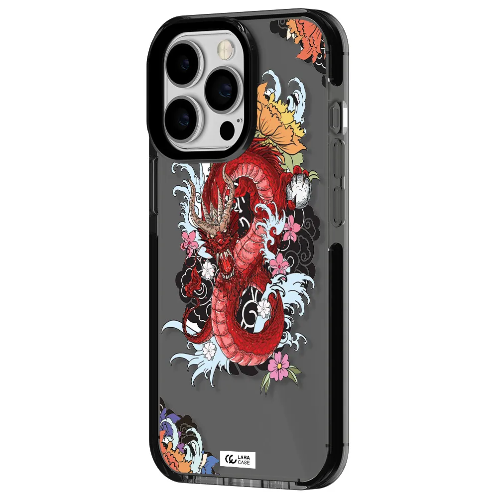 a red dragon with flowers and clouds Apple iPhone 13 Pro impact Smoke Black Case